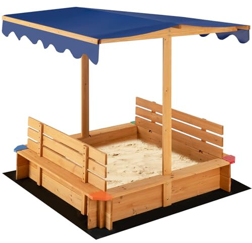 Maxmass Wooden Kids Sandbox, Children Square Sandpit with Canopy, 2 Convertible Seat Benches, Bottom Liner, Outdoor Sand Play Pit Backyard Playset for 3+ Years Old Boys Girls