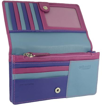 Womens Leather Flapover Matinee Organiser Purse RFID Protection 10 Cards, Notes and Coins (Pink Purple Multi)