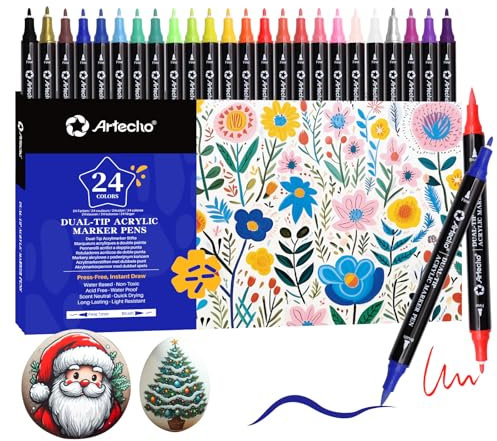 Artecho Acrylstifte 24 Farben, 0.5-5mm Wasserfester Dual Tip Marker (Pinsel und feine Spitze), mit doppelten Enden für Rock Painting, Glas, Papier, Holz, Ei, Leinwand, Keramik, Stoff, DIY Crafts