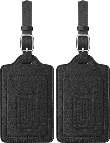 Teskyer 2 Stück Kofferanhänger, Kofferanhänger Flugreise, PU Leder, Zerklüftet, Schnelle Identifikation, Schutz der Privatsphäre, Gepäckanhänger, mit Adressschild, Schwarz