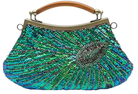 CORIOS Pochette da Pavone Donna Borsetta da Sera con Paillettes Perline Pochette Piccolo con Catena Elegante Borsa a Spalla Gorgeous Borsa a Tracolla Vintage Borse Messenger per Festa Ballo