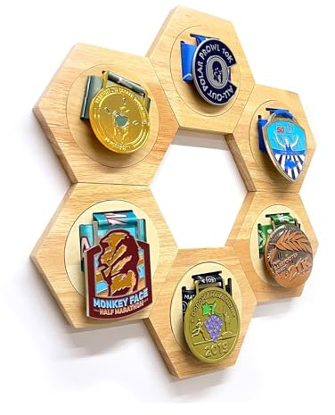 AZURAOKEY Medaillenaufhänger, Laufmedaillenaufhänger, Wabenhalter für die Wand, ideal für Sport, Marathons und Meisterschaften, eleganter Holzrahmen, Medaillenetui (6 Stück)