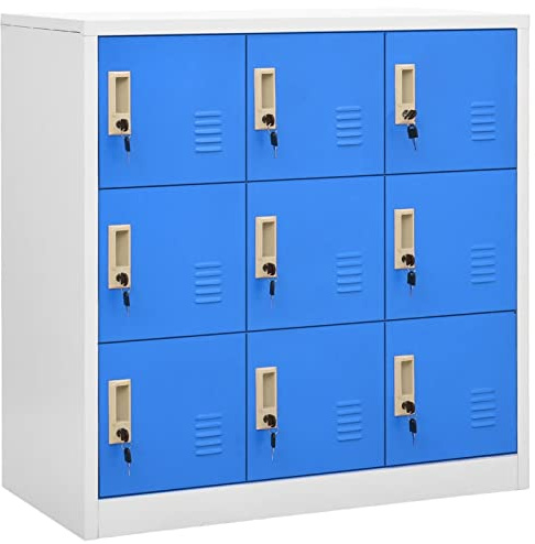 IKAYAA Spind Schrank Schließfachschrank mit 9 Fächern Metallspind Abschließbar Umkleideschrank Lagerschrank Spind Metallschrank Wertfachschrank Schließfach Stahl Hellgrau und Blau 90 x 45 x 92,5 cm