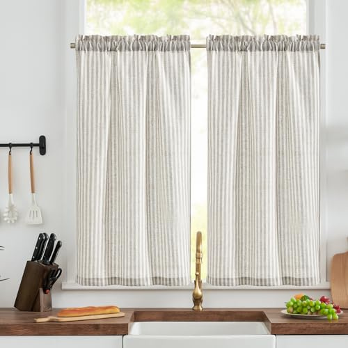 TOPICK Tende a righe in lino con strisce, opache, per cucina, sala da pranzo, bagno, piccola finestra, 65 x 115 cm, grigio su beige