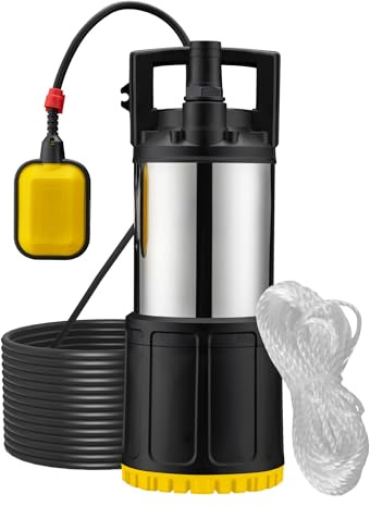 Wiltec Pompe à eau immergée 1000 W – 5500 l/h – Refoulement max. 30 m, profondeur max. 7 m – en PPO et acier – avec Interrupteur à flotteur, Thermorégulateur – Pompe submersible Eau propre