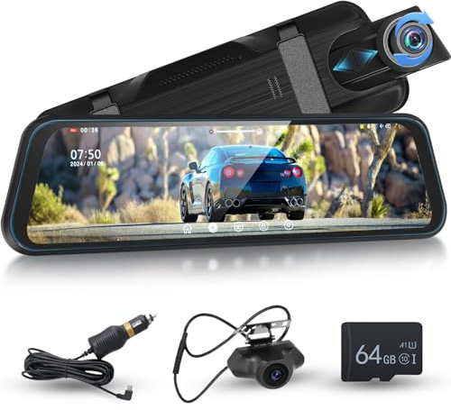 9.66 Inch Mirror Dash Cam 1080P Full Touch Screen with Loop Recording,Hodozzy Dual Dashcam Front and Rear camera with Night Vision, Parking Assistance, Motion Detection, Exposure Compensation+64G TF