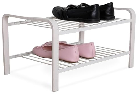 LM 390 Schuhregal aus Öko-Holz - pulverbeschichtetes Schuhregal platzsparend, 470 mm breite, ideal für Schrank, Flurmöbel & für kleine Räume, Schuhorganizer für Schrank & Schränke- Weiß-Holz