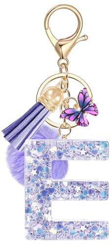 JSRQT Porte-clés avec Lettre Initiale E Violet Personnalisée Lettres Keychain Porte-clés pour Fille Femmes Porte-clés Lettre en Résine Charmes en Résine Cadeaux Décor avec Pendentif Papillon Pampille
