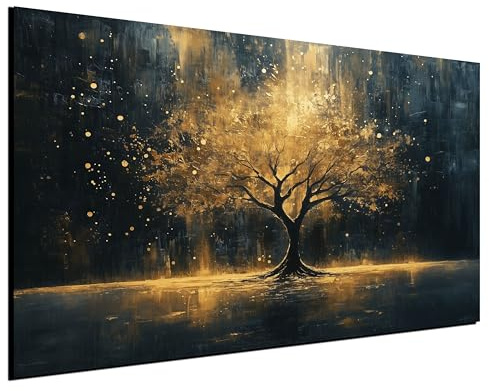 DARO Design® Bild auf Leinwand Groß 84x56 cm XXL Schlafzimmer Bilder Badezimmer Wand Deko Wohnzimmer Modern Wanddeko Bilderwand Geschenk Abstrakt Lebensbaum Baum Schwarz Gold Strahlen