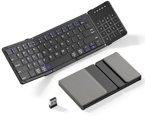 XIWMIX 2-in-1 faltbare Bluetooth-Tastatur mit Touchpad und Nummernblock, zusammenklappbar, kabellos, wiederaufladbar, tragbare Reisetastatur für iPad, Laptop, PC, kompatibel mit Windows, iOS, Android