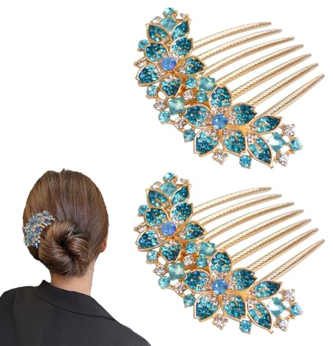 Ling & Bai Hochzeitshaar-Seitenkämme, französische Strasssteine, eingelegte Blume, Kopfschmuck, Braut-Haarschmuck für Damen und Mädchen, Blau, 2 Stück