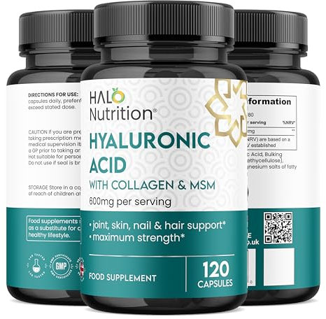 Hyaluronic Acid Supplement 600mg (500-700 KDA) - 120 Vegan Triple Strength Hyaluronic Acid Capsules - 4 Month Supply - Natural Skin, Hair & Joint Supplement for Women & Men- Halo Nutrition