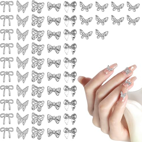 Giantree 60Stück Silber Schleifen Nail Charms, 3D-Schleifenknoten-Nagelanhänger Nail Art Dekoration Metall Nagelkunst Dekorations Legierung Glitzersteine Nagel Edelsteine Deko für Nageldesign Zubehör