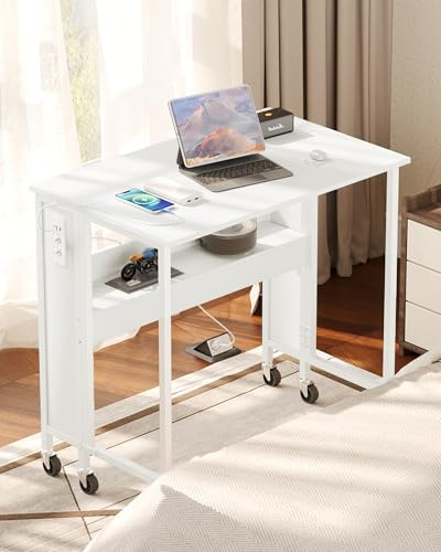 CHOEZON Folding Desk with Storage Shelf, 80 cm Computer Desk with Charging Station, Rolling Home Office Computer Desk on Wheels, Writing Workstation for Small Space, Easy Assembly, White DTDN01KWB
