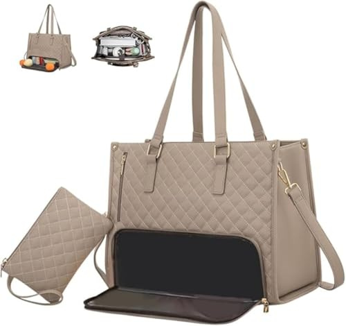 Gresonic Lunch 2 in 1 Tote Bag for Women, 15.6 Inch Laptop Bag with Insulated Lunch Compartment, Quilted Large Capacity Computer Handbag with Purse