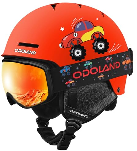 Odoland Casuqe de Ski avec Lunettes 2 en 1 pour Enfant, Graçons et Filles, Anti-Choc, Ventilation, Casque de Snowboard et Masque de Ski pour Enfant et Adolescent de 6-14 Ans