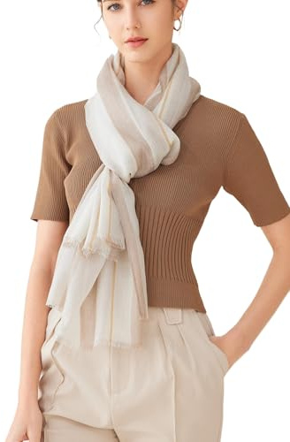 Prettystern Farbgewebe Damen KaschmirPashmina Schal 100% feine Kaschmirwolle gewebt mit Fransenrand XL Stola ganzjährig braun weiß 04