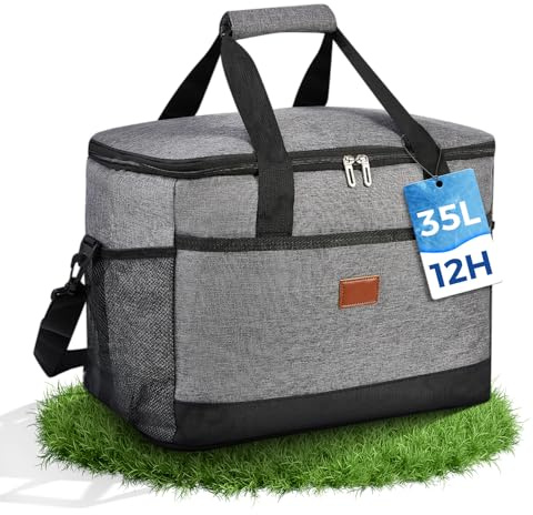 FOSER Grand sac isotherme pliable 35 l avec sangles de transport - Sac à déjeuner - Sac à dos de camping - Sac isotherme pour voiture, extérieur, bureau (gris, 35 l)