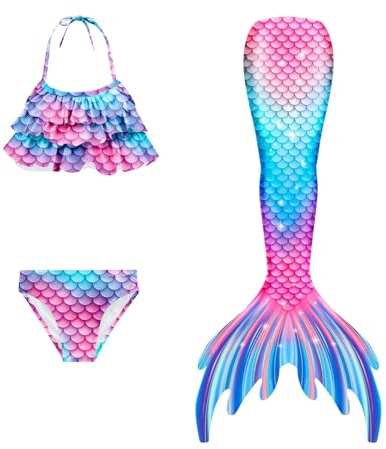 Generisch 𝙈eerjung𝙛rau 𝙛losse Mädchen Mit Bikini Set Badeanzug 3-Teiliges Kinder Cosplay 𝙈eerjung𝙛rauen𝙛losse Performance-Outfit Sommer Badebekleidung Für 3-13 Jahre