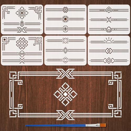FINGERINSPIRE 6 Pz Stencil per Pittura con Bordi Geometrici e Pennello, 21x29.7cm Angoli e Bordi Modello di Disegno Tema Geometrico Fai da Te Stencil per Pittura su Legno, Pareti, Tessuti e Mobili