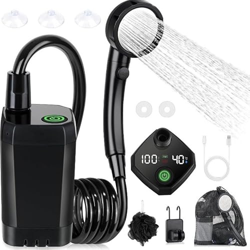 ZAMETTER Camping Shower Kit LCD Display USB Portable Car Shower Kits 6000mAh Rechargeable Operated Portable Shower System with Temperature Monitor Filter Head for Outdoor Activity(Black)