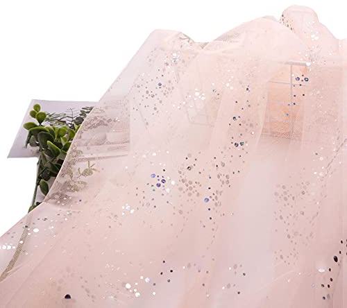 Vayliro 160cm x 3m Tüllstoff Glitzer Tüll Stoff mit Pailletten Dekostoff Meterware Bekleidungsstoffe für DIY Handwerk Hochzeit Party Bankett Tutu Rock Geschenk Schleife Tischedeko,Champagner