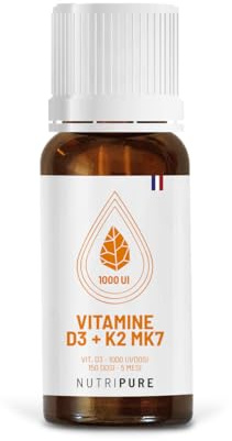 Vitamina D3 + K2 MK7 1000 UI | Con olio d'oliva biologico | 100% puro e naturale | Vegetariano | Rafforza il sistema immunitario | Salute di ossa e muscoli | Scorta per 5 mesi | Prodotto in Francia