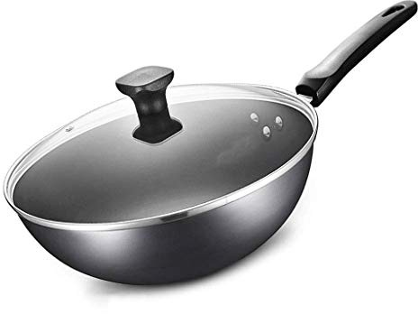 YNIYUJKL Wok Antiaderenti E Padelle per Saltare in Padella con Coperchio, Cestello per Friggere, Griglia per Cottura A Vapore, Padella Wok in Rame Antiaderente con Cope