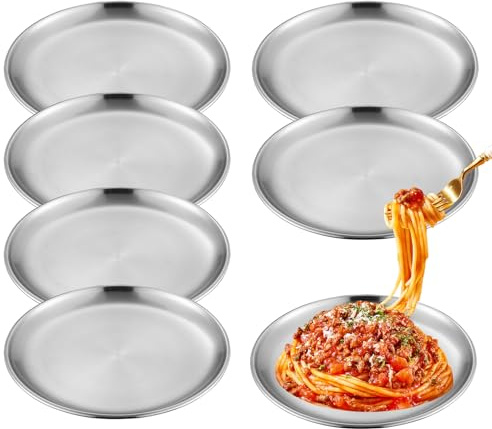 XHNKEG 6 PCS 26cm Stainless Steel Dinner Plates, Silver Serving Dishes Metal Tray Rust Resistant Serveware Platter Plates for Camping Picnics Outdoor Use