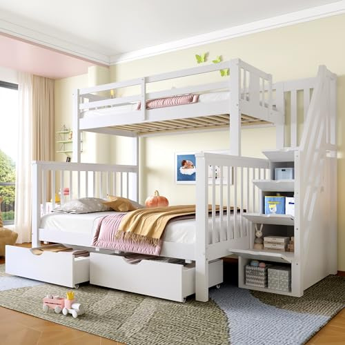 Gelukueub Bunk Bed for Kids, Children Cabin High Sleeper Bed Frame with Storage and Guardrail, Space-Saving Design with Drawer Storage, and Stair, for Bedroom, Dorm, White (No Mattress)