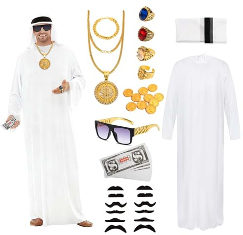 YYSWSAKY Scheich Kostüm Herren, Araber Kostüm mit Weiß Kopftuch Sonnenbrille Ringe Halsketten Armbänder Banknoten Goldmünzen, Arabische Kleidung für Halloween Karneval Cosplay Party (XL)
