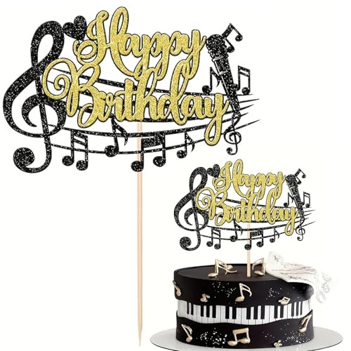 Gleemix Musik Cupcake Topper Doppelseitige Glitzer, Happy Birthday Tortendeko, Schwarz Gold Kuchen Deko, Geburtstag Deko Notenschlüssel für Rock Musik Konzert