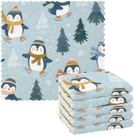 Mnsruu Microfibre Cleaning Cloths Penguin Ski Tree Pattern Reusable Dish Cloths for Washing Up 6 Pack Swedish Dishcloth Microfibre Cleaning Towels Washable Duster Rags Cloth Home