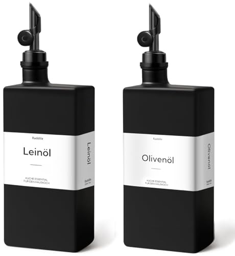 2 Stück Ölflasche, Essig und Ölflaschen Set mit ausgießer, Olivenöl Flasche mit 40 Aufkleber, Trichter, 350ml Glas Ölspender für Kochen, Salat und Grillen (Schwarz Flasche + Schwarz Pumpe, 500ml)