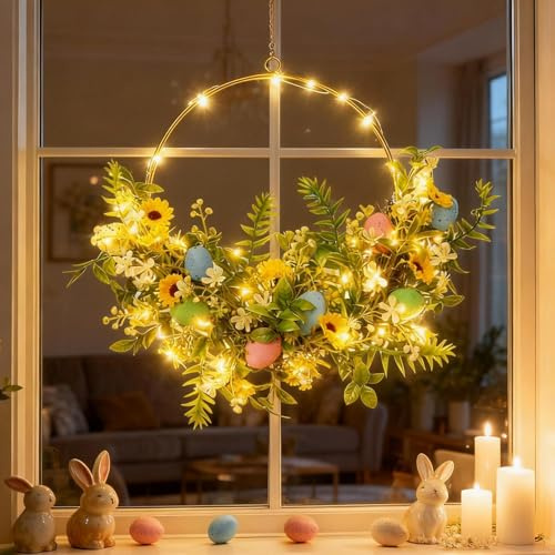 Osterndeko Türkranz mit Ostereiern, Osterkranz mit 30 LED Lichterkette 3m, Oster Deko Türkranz Frühling Haustür Fenster, Metall Osterdekoration für Innen Outdoor, 40x40cm, Batteriebetrieben (A)