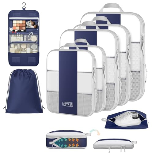 Organisateur Valise 8 Pièces – Sac de Compression Voyage en Polyester Premium, Cubes de Rangement Compressibles avec Sac de Toilette Suspendu, Sac à Chaussures et Sac à Linge, Accessoires Voyage, Bleu