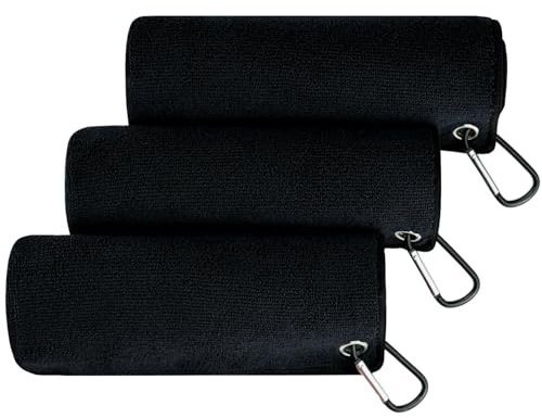 DIELOVEHUA 3 Pièces Serviettes Microfibre, Serviette de Pêche en Microfibre avec Mousqueton, Serviettes de Golf Multifonctions, pour Sport en Plein, Pêche, Golf, Camping, 30 x 30cm, Noir