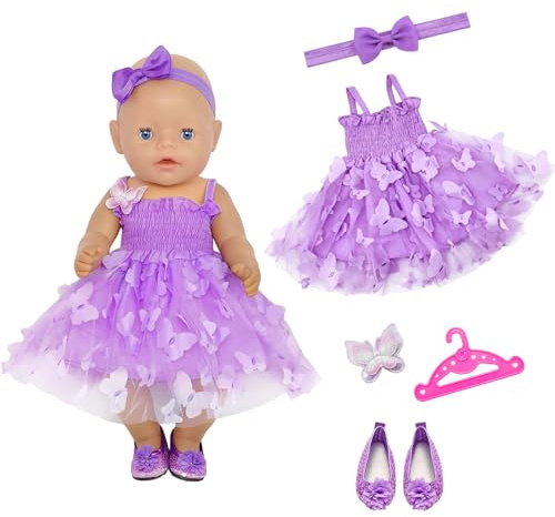 4 PCS Baby Doll Clothes for 14-18 Inch Baby Doll, Doll Clothes Accessories | Newborn Baby Doll Accessories for 35-45cm Doll Purple Butterfly Dress Bow Hairband Shoes Hanger for Girl Birthday Gift