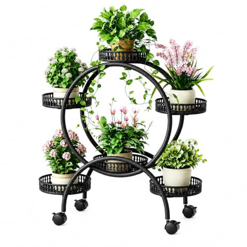 Fesatccoz Estantería para flores con ruedas, 6 niveles, capacidad de carga de 50 kg, estantería de metal para plantas de interior y exterior, estable para balcón, salón, jardín, escalera de flores
