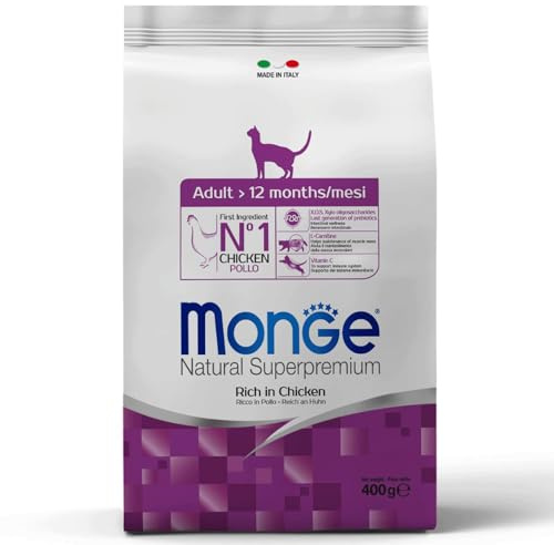 Monge Natural Superpremium ADULT CHICKEN, dry food for adult cats (chicken food, recipe, with omega-3 fatty acids, without added dyes or preservatives, 400g)