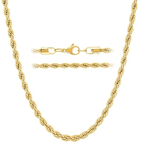 KISPER 18K Gold Plated Rope Chain Necklace for Men 2mm-5mm Stainless Steel