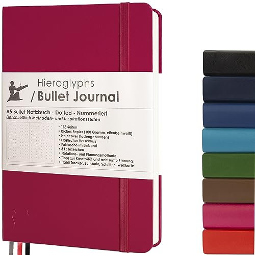 Hieroglyphs Notizbuch A5 mit Punktraster, Klassisches Bullet Journal, Notizbuch mit Vinylumschlag, 3 Lesezeichen, Elastikverschluss, Robuste gebundenes Buch, Rosa