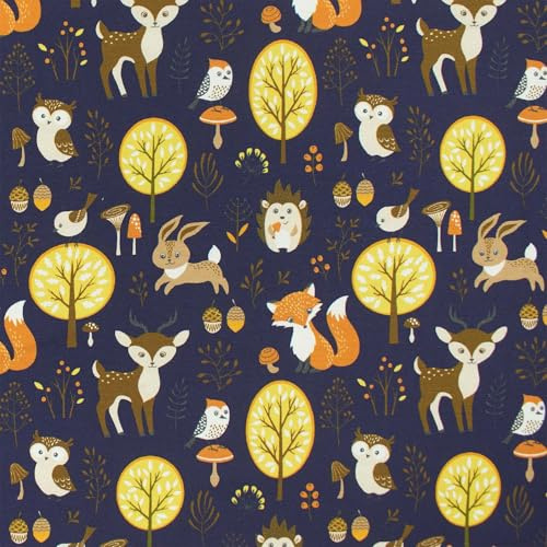 Jersey Stoff Waldtiere ab 50cm x 150cm (Dunkelblau) | Baumwolljersey - Kinderstoff