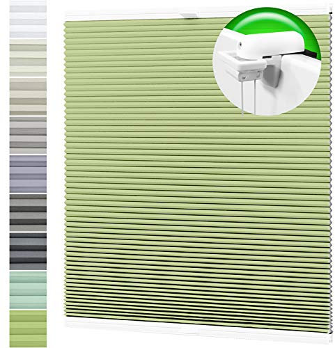 HORIVERT Wabenplissee Pistaziengrün 110x120 cm (B x H) mit Klemmträgern, mit Eco Dichtungspads, ohne Bohren, Doppelplissee | Plissee| Faltrollo, Weiße Rückseite, Klemmfix, leichte Montage mit Video