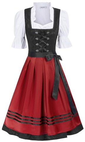 3 Piece Dirndl Dresses Women, Oktoberfest Carnival Costume, German Bavarian Dress, Black-red XXL