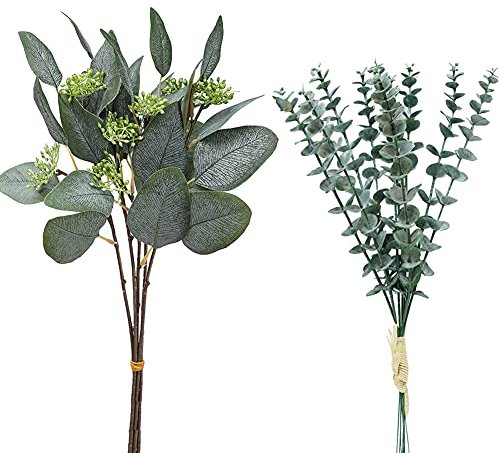 Künstliche Eukalyptuszweige, gemischte Kunstseide, Silber, Eukalyptusstiele, künstliche Grünpflanze, für Zuhause, Party, Hochzeit, Dekoration, Blumenarrangement, Dekoration, 15 Stück