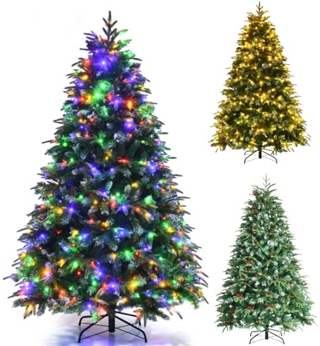 GYMAX 5FT/6FT/7FT Pre-Lit Artificial Christmas Tree, Hinged Xmas Tree with 581/899 Branch Tips, 250/350 LED Lights, Pine Cones & Red Berries, 11 Lighting Modes, Holiday Decor Tree (6FT)