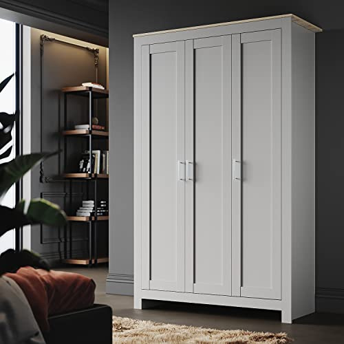 ELEGANT 3-Door Wooden Wardrobe with Hanging Rail and 4 Shelves, Grey/Oak