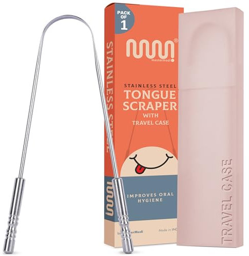 MasterMedi Tongue Scraper with Travel Case 1 Pack, Bad Breath Treatment Tongue Scraper for Adults & Kids, Stainless Steel Metal Tongue Scraper, Easy to Use Tongue Cleaner for Hygiene and Self Care
