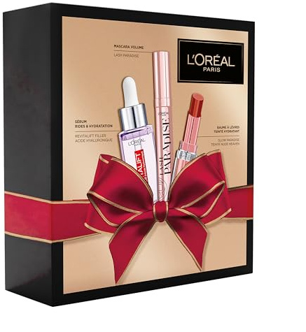 L'Oréal Paris Geschenkset für Damen, luxuriös, 1 Anti-Falten-Serum, Hyaluronsäure + 1 schwarze Mascara, Rizinusöl Lash Paradise + 1 feuchtigkeitsspendender Lippenbalsam Glow Paradise Nude